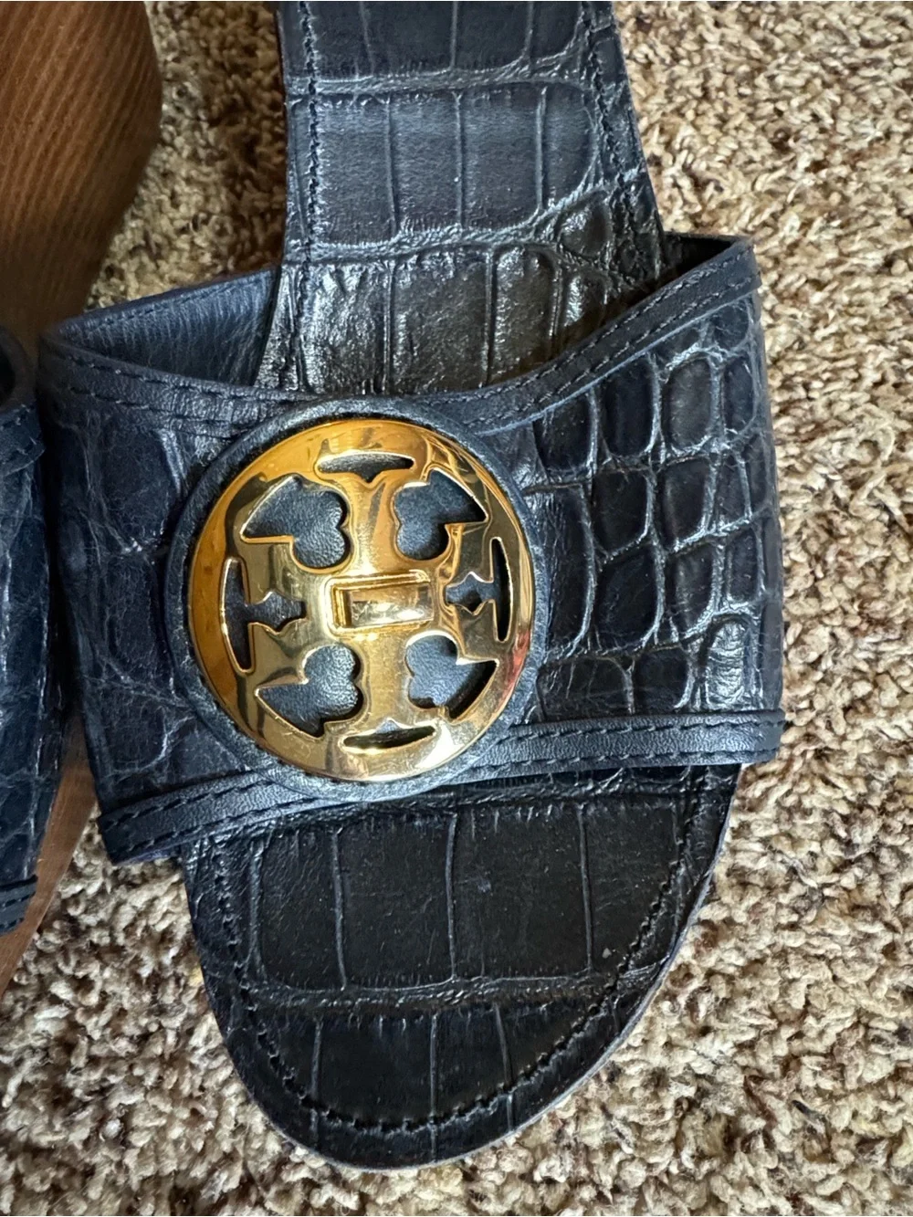 Tory Burch dark blue croc embossed leather slides with wedge heels Size 11